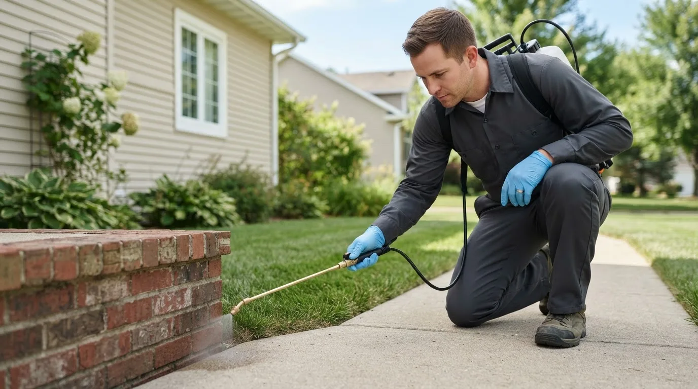 Pest control technician treating a home near Carrboro, NC